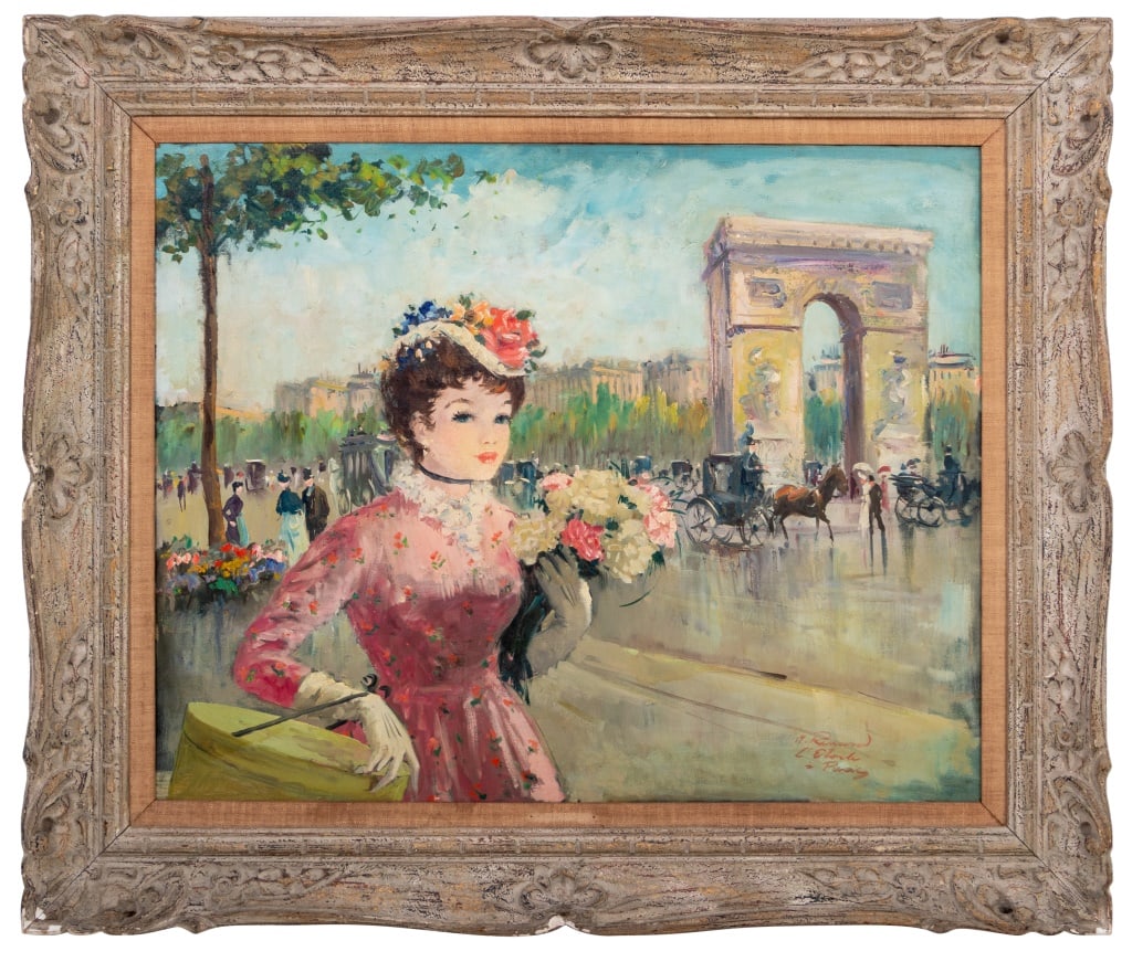 Maurice Renard "L'Etoile a Paris" Oil on Canvas: Maurice Renard (French, XX), "L'Etoile a Paris" [The Star in Paris], Oil on Canvas, depicting a lady in a pink dress walking past the Arc de Triomphe, signed and titled lower right, carved wood frame.