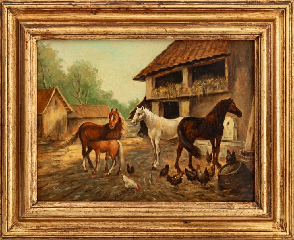 Illegibly Signed Stable Scene Oil on Canvas: American School, Stable Scene, Oil on Canvas, illegibly signed lower left, giltwood frame. Image: 11.25" H x 15.5" W; frame: 17.25" H x 21" W. Provenance: From a Ft. Lee Collection. Keywords: Painting