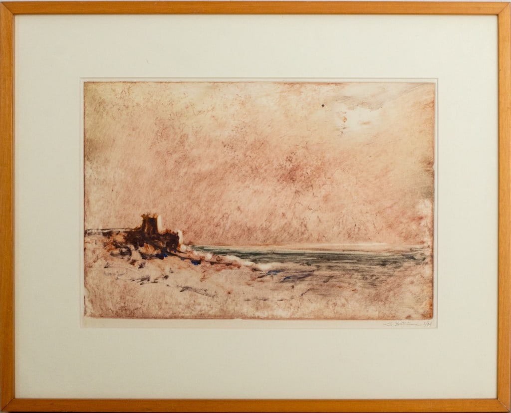 F. Williams Seascape Etching & Aquatint: F. Williams (XX), Seascape Scene, Hand-Embellished Etching and Aquatint in Colors, signed and numbered edition "2/94" lower right, wood frame. Image: 10" H x 14.5" W; frame: 17" H x 21" W. Provenance: