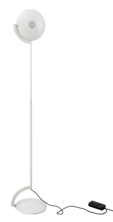 Postmodern White Enameled Metal Floor Lamp: Postmodern White Enameled Metal Floor Lamp, with adjustable uplight shade above a circular dome base. 69" H x 14" Diameter. Provenance: From a 35 East 75th Street Estate. Keywords: Modern Lighting, St