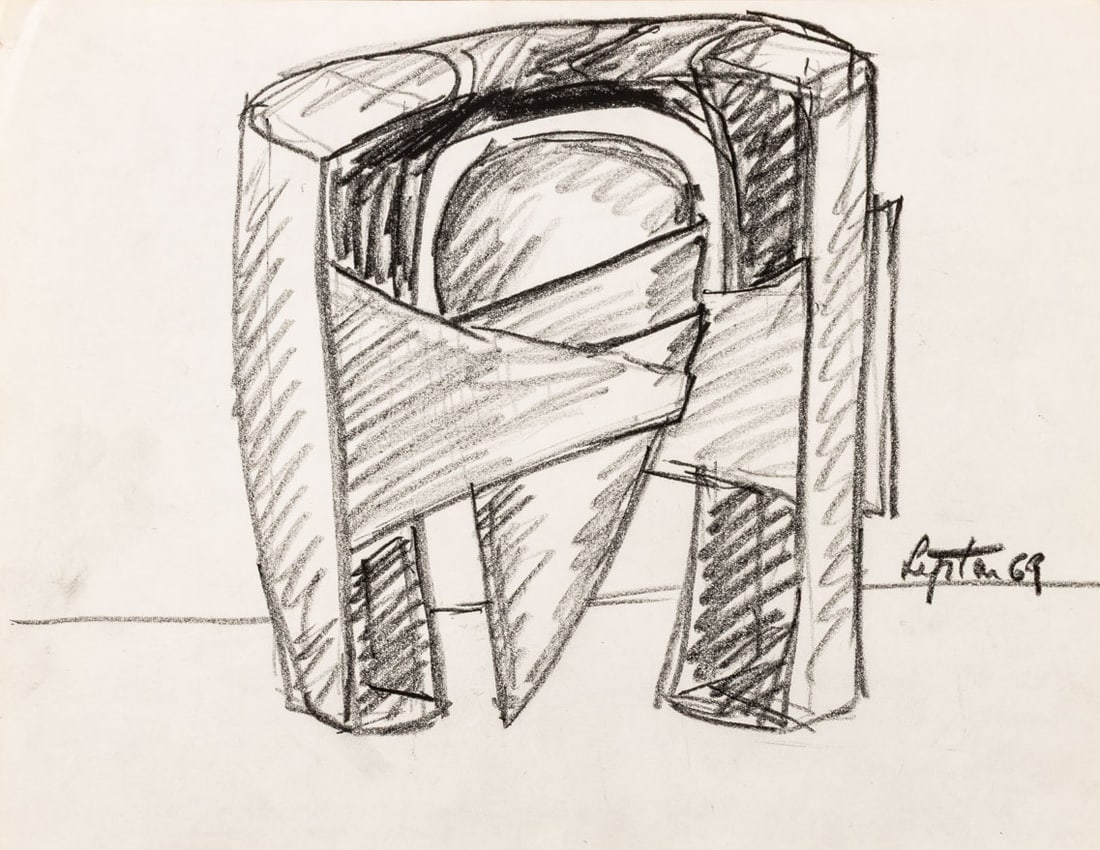 Seymour Lipton Sculpture Study Sketch, 1969: Seymour Lipton (American, 1903-1986), Abstract Expressionist Sculpture Study Sketch, Oil Crayon on Paper, 1969, signed and dated lower right, unframed. 8.5" H x 11" W. Provenance: From a Brooklyn Coll