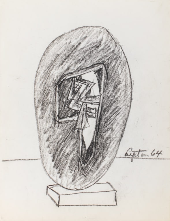 Seymour Lipton Sculpture Study Sketch, 1964: Seymour Lipton (American, 1903-1986), Abstract Expressionist Sculpture Study, Oil Crayon on Paper, 1964, signed and dated lower right, unframed. 11" H x 8.5? W. Provenance: From a Brooklyn Collection.