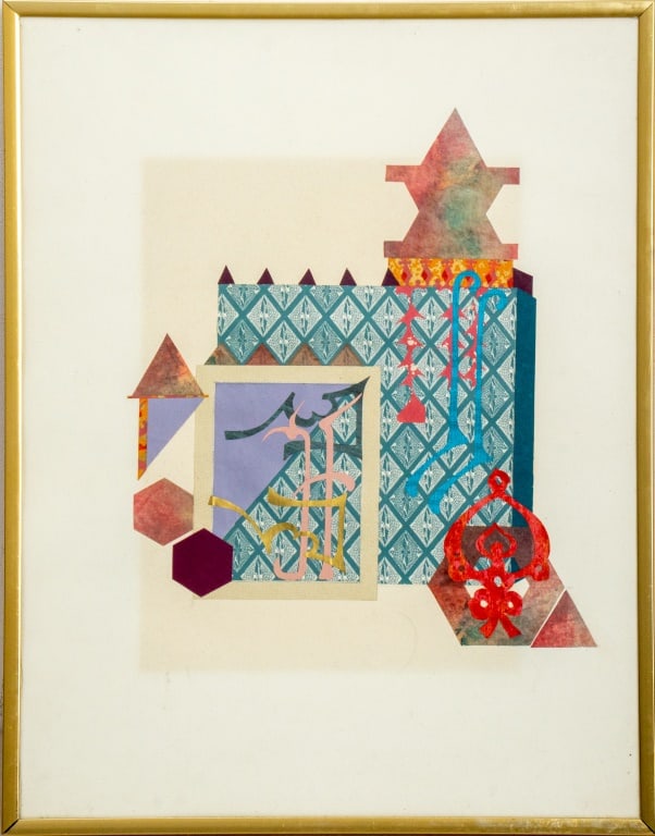 Modern Geometric Paper Collage: Modern Geometric Paper Collage, comprised of different types of patterned paper, apparently unsigned, gold-tone frame. Image: 17.75" H x 13.75" W; frame: 18.5" H x 14.5" W. Provenance: Property from a