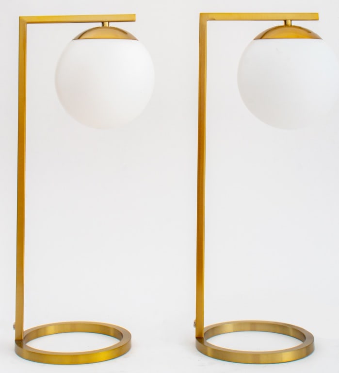 Postmodern Gilt Metal Table Lamps, Pair: Pair of Postmodern Gilt Metal Table Lamps, with spherical white opaque glass globe shades, atop circular bases. 20" H x 9" W x 7" D. Provenance: From a New York City Collection. Keywords: Lighting, Ac