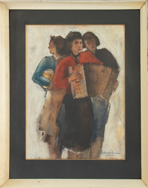 Jan Rijlaarsdam Figural Scene Watercolor on Paper: Jan Rijlaarsdam (Dutch, 1911-2007), Figural Scene, Watercolor on Paper, depicting three ladies playing music, signed lower right, white painted wood frame. Image: 11.75" H x 8.75" W; frame: 14.25" H x