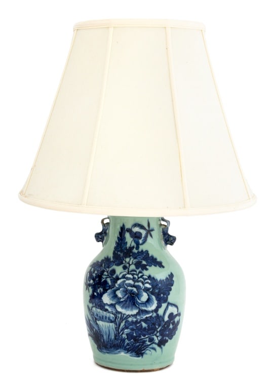 Chinese Porcelain Vase Mounted as a Lamp: Chinese Blue and Celadon Glazed Porcelain Vase Mounted as a Table Lamp, the vessel with hand-painted floral motif, the lamp with white fabric shade. Overall: 25" H x 17" Diameter. Provenance: From a G
