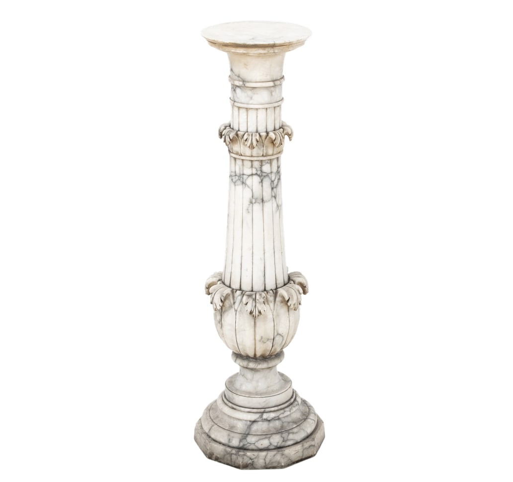 Neoclassical Alabaster Pedestal: Neoclassical Alabaster Pedestal, with acanthus motifs, circular top and octagonal base. 39.5" H x 12" Diameter. Provenance: From a New York City Collection. Keywords: Furniture, Garden, Patio, Column,