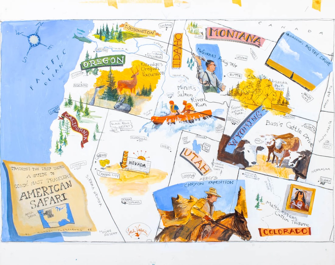 Michael Paraskevas "Tracking The Trip.." Acrylic: Michael Paraskevas (American, b. 1961), "Tracking The Trip Takers: A Guide to Conde Nast Traveler's American Safari", Mixed Media on Illustration Board, 1988, signed left side, unframed. 23" H x 29" W