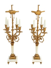French Gilt Brass and White Marble Lamps, Pair