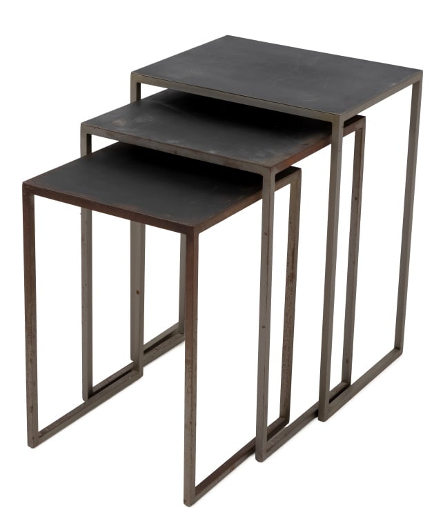 Modern Wrought Iron Nesting Tables, 3: Set of Three Modern Wrought Iron Nesting Tables. 24" H x 18" W x 14" D. Provenance: From a West 12th Street Estate. Keywords: Vintage Furniture, Side table, End table, Graduated tables, Minimalist, Mi