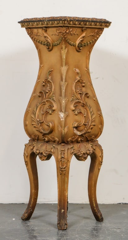 Louis XV Style Paint-Decorated Pedestal: Louis XV Style Paint-Decorated Wood Pedestal, featuring marbleized top, raised floral decorations throughout with clamshell motifs, and raised on four cabriole legs. 41.5" H x 13.5" W x 13.5" D. Prove