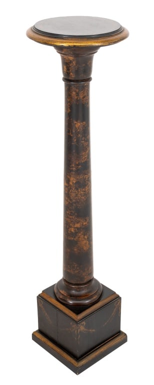 Black Japanned and Parcel Gilt Pedestal: Black Japanned and Parcel Gilt Pedestal, of columnar form with circular top and base, the sides lightly mottled with gilding and laurel leaf motifs to top. 39" H x 10" Diameter. Provenance: From a New