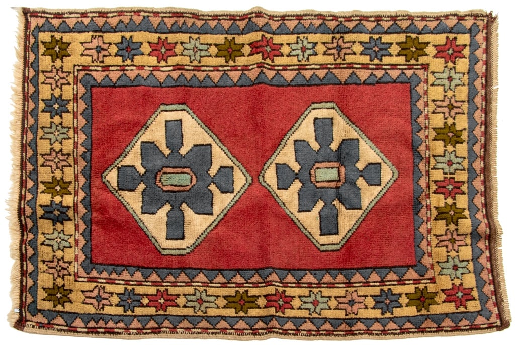 Turkish Kazak Star Rug, 4' 10" x 3' 3": Turkish Kazak Star Atlas Rug, with large star medallion designs within a smaller star accented border. Approx. 4' 10" L x 3' 3" W. Provenance: From a New York City Collection. Keywords: Carpets, Floor
