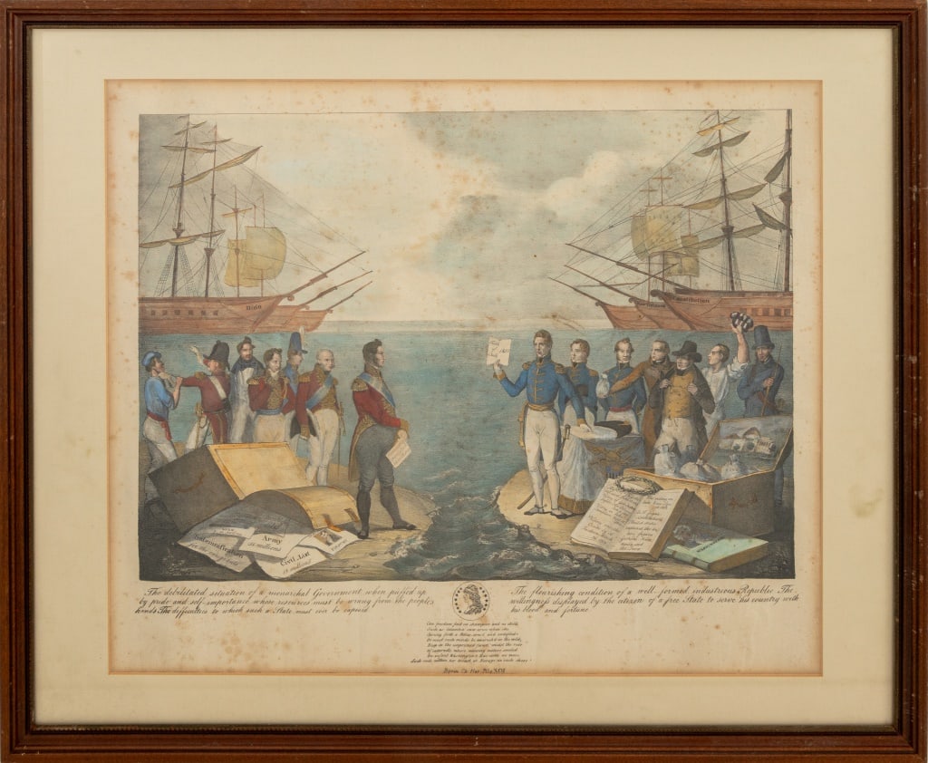 "Debilitated Situation" Hand-Colored Aquatint: "The Debilitated Situation of a Monarchal Government When Puffed Up by Pride and Self Importance", Hand-Colored Aquatint, 1835, depicting political friction between the American Government led by Pres