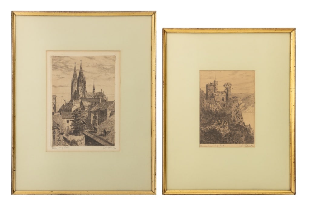 Illegibly Signed Architecture Etchings, 2: Two German School Etchings on Paper, comprising: "Koln" and "Rheinstein", illegibly signed in pencil lower right and titled lower left, giltwood frames. Larger image: 8.5" H x 6" W; frame: 16.75" H x