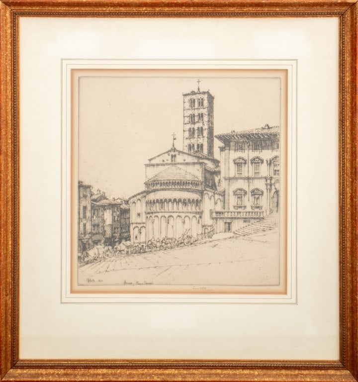 Ernest David Roth "Arezzo - Piazza Vasari" Etching: Ernest David Roth (American, 1879-1964), "Arezzo - Piazza Vasari", Etching on Paper, 1924, signed, dated, and titled in plate lower left, signed and dated in pencil low center, wood frame. Image: 10.5