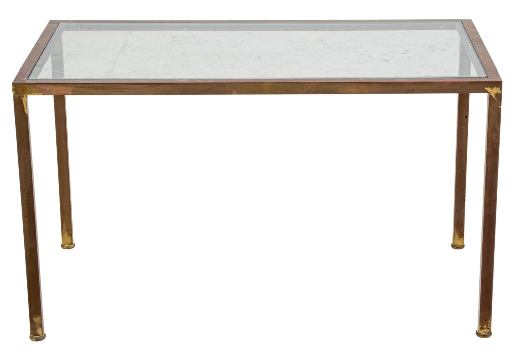 Postmodern Gilt Metal Glass-Topped Coffee Table: Postmodern Gilt Metal Glass-Topped Coffee Table, raised on four tapered legs. 16" H x 28" W x 16" D. Provenance: From a New York City Collection. Keywords: Modern Furniture, Low table, Cocktail table,