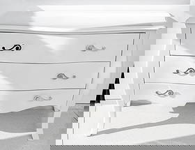 Modern White Lacquered 3-Drawer Bombe Chest: Modern White Lacquered Three-Drawer Bombe Chest, with scalloped apron and silver-tone metal swirl form pulls. 36" H x 51" W x 22" D. Provenance: Property from an 11th Avenue Duplex. Keywords: Modern F