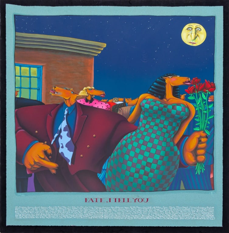 Markus Pierson "Fate, I Tell You" Serigraph, 1990: Markus Pierson (American, b. 1961), "Fate, I Tell You", Serigraph in Colors on Paper, 1990, numbered edition "140/350" lower left, titled to center, signed lower right, on black matting, unframed. Ima