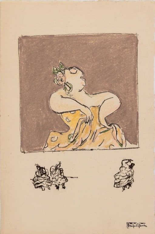 Manfred Schwartz Flamenco Dancer Mixed Media: Manfred Schwartz (American, born Poland, 1909-1970), Flamenco Dancer, Lithograph and Pastels on Paper, three dancing figures underneath, artist's signature stamped lower right, unframed. Image: 13.5?