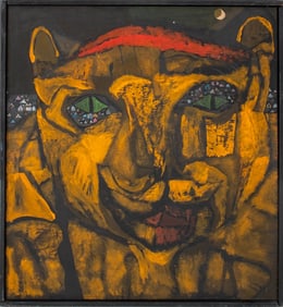 Folk Art Abstract Landscape Feline Oil on Board