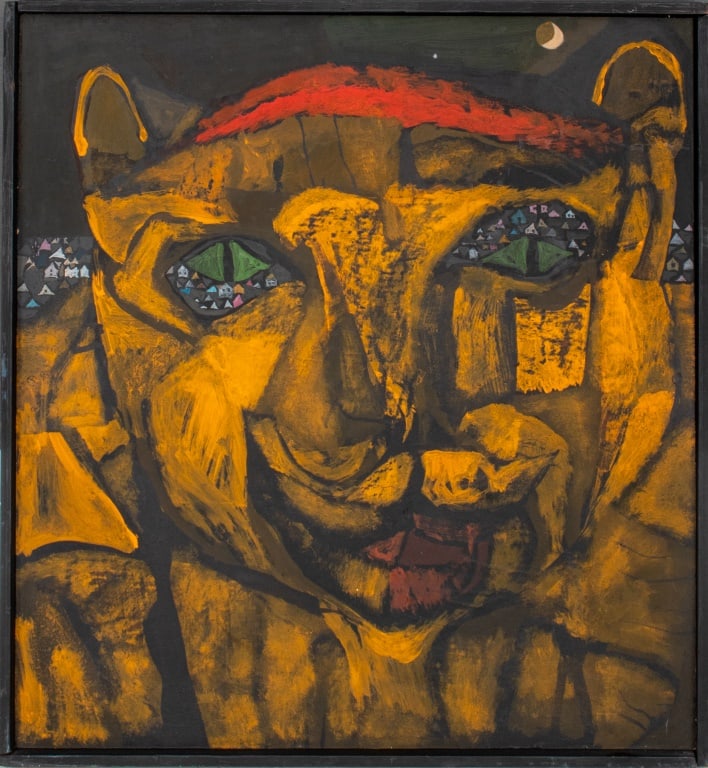 Folk Art Abstract Landscape Feline Oil on Board (1 of 9)