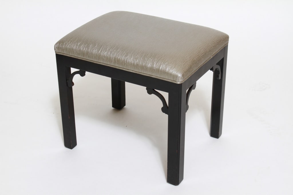 Asian Modern Style Black Lacquered Ottoman: Asian Modern Style Black Lacquered Ottoman, upholstered in a silvery grey crushed vinyl. 17" H x 19" L x 14.5" D. Provenance: From a New York City Collection. Keywords: Chinoiserie, Vintage Furniture,
