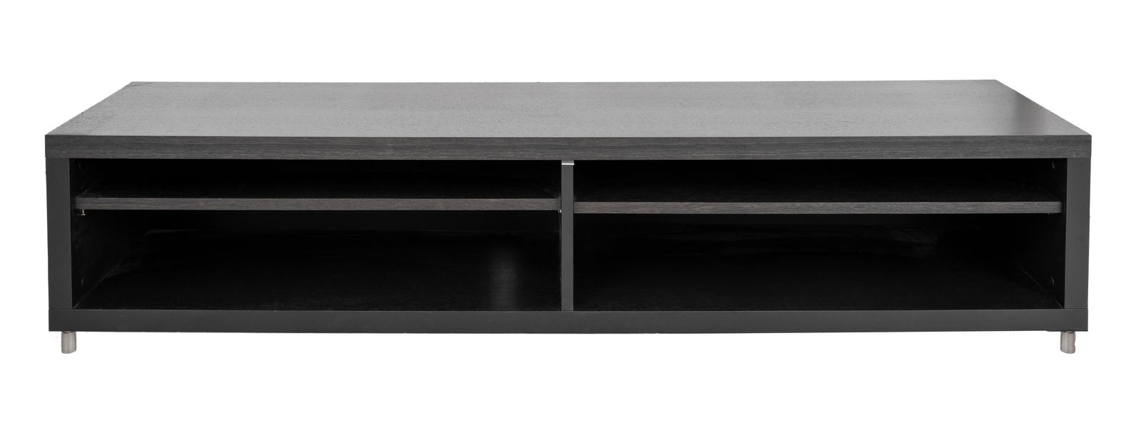 Modern Faux Wenge Wood Entertainment Console: Modern Ebonized Faux Wenge Wood Entertainment Console, raised on tapered metal feet. 19.25" H x 86.5" W x 19.75" D. Provenance: From a New York City Collection. Keywords: Contemporary Furniture, Multi