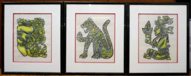 Lot of 3 P. Argaez P. Mexican Temple Rubbings: Lot of three P. Argaez P. Mayan temple rubbings on paper, Mexico; signed by artist. Dimensions: 18-1/2"H x 22'W; 15"H x 11-3/4"W (image space).
