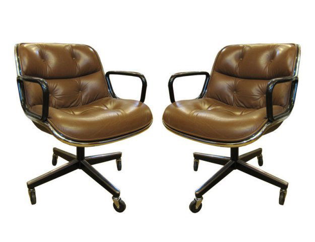 6 Knoll Executive Chairs Charles Pollock 1980s: A set of eight Executive chairs by Charles Pollock for Knoll, each chair is in chestnut brown tufted leather with a four-point wheeled swivel base, United States, 1980s; maker's sticker.
