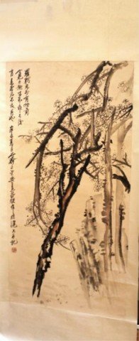 Chinese Hanging Scroll Mountain and Blossom Tree: Ink Plum Blossom after the style of Luo Pin" Large hanging scroll of mountain and blossom tree in foreground, ink and light color on paper, China; marked Changshuo Wu. Dimensions: Image 52" x 26", Ove