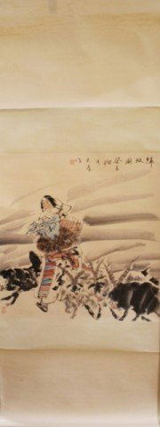 Chinese Hanging Scroll with Figural Scene: Shepherd" Hanging scroll with painting of a woman and animals, Ink and watercolor on paper, China, 1993; marked Dawei Liu. Dimensions: Image 27" x 26", Overall 70" x 28