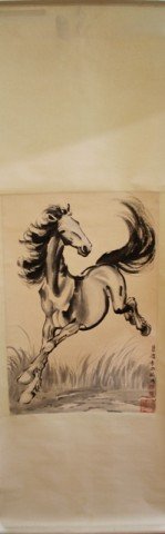 Chinese Hanging Scroll of Black Horse: Horse" Hanging scroll with portrait of black horse, ink on paper, China; marked Beihong Xu (1895-1953). Dimensions: Image 34" x 27-1/2, Overall 75" x 32