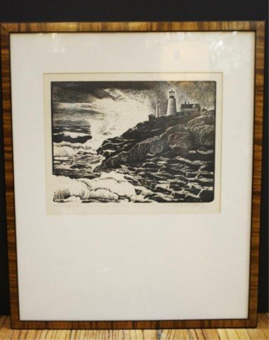 Caroll Thayer Berry "Pemaquid Light" Woodblock: Caroll Thayer Berry (American, 1886-1978) wood block print "Pemaquid Light - Maine Coast"; signed and titled by artist. Dimensions: 23"H x 19"W; 10-1/4"H x 13"W (image).