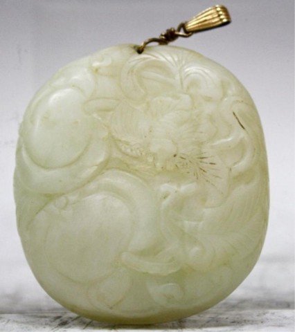 Chinese White Jade Pendant Bats & Peaches 19th C.: Carved white jade pendant with bats and peaches, China, nineteenth century; unmarked. Dimensions: 2-1/4"H x 2-1/8"W