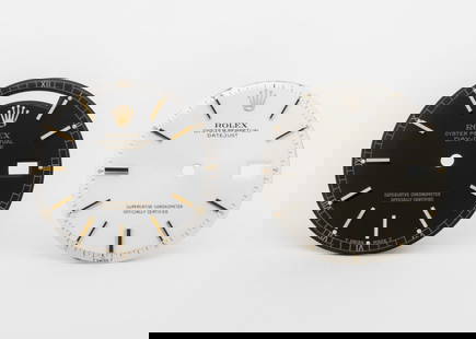 Rolex Oyster Perpetual Loose Watch Dials, 2 Pcs.: Two Rolex Genuine Oyster Perpetual Loose Watch Dials, comprising: presidential Day-Date black dial, with gold-tone baton indices, marked "Rolex / Oyster Perpetual / Day--Date / Superlative Chronometer