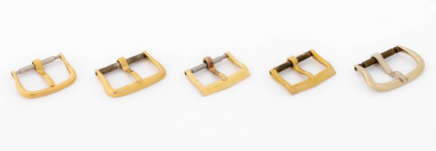 Elgin, Longines, Etc. Gold Loose Watch Buckles, 5: Collection of Five Gold Loose Watch Buckles, comprising: (2) two Elgin 14K yellow gold, marked, (1) one Longines 14K yellow gold, marked, (1) one Movado 14K yellow gold, marked, and (1) one 18K white