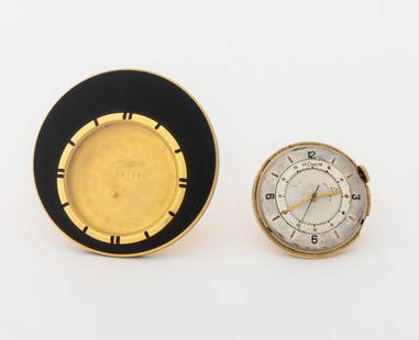 Jaeger LeCoultre Memovox Alarm Desk Clock Parts: Jaeger LeCoultre Memovox Alarm Desk Clock Parts, featuring one case with black and golden styling, featuring baton and double baton indices and one watch head with 10K gold-filled case back, silvered