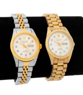 Croton Diamond Gold-Plated Steel Watches, 2: Two Croton Diamond Gold-Plated Stainless Steel Watches, featuring golden dials with diamond markers and date windows at 3 o'clock, powered by self winding automatic movements, worn on wrist steel