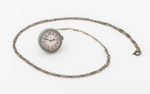 Sunrite Sterling Enamel Pendant Watch Necklace: Sunrite Sterling Silver Guilloche Enamel Pendant Watch Necklace, featuring silvered dial with blue Arabic numeral indices, blue hands, powered by wind-up mechanical movement, worn as detachable