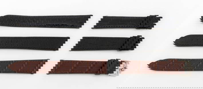 Omega Alligator Leather Watch Straps, 3: Collection of Three Omega Alligator Leather Watch Straps, comprising: (1) one black, (1) one navy blue, and (1) one brown with stainless steel Aciernox buckle, marked. 18mm x 115mm. Provenance: From a
