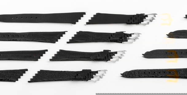Omega Black Watch Straps, 4: Collection of Four Omega Black Watch Straps, comprising: alligator with gold-tone buckle, crocodile with silver-tone buckle, marked "Omega", lizard skin with gold-tone buckle, marked "Omega", and