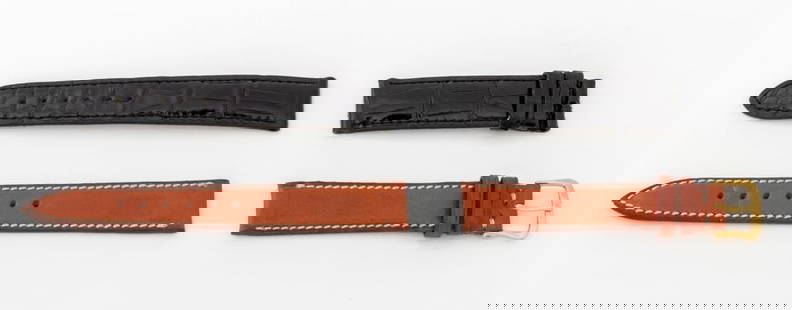 Jaeger-LeCoultre Watch Straps, 2: Two Jaeger-LeCoultre Watch Straps, comprising: black alligator skin and brown leather with gold-tone generic buckle, each marked "Jaeger-LeCoultre". Longer piece: 11mm x 119mm. Provenance: From a Manh