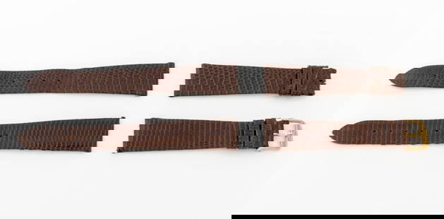 Longines Brown Lizard Skin Watch Straps, 2: Two Longines Brown Lizard Skin Watch Straps, one with gold-tone Longines buckle, both marked "Lizard Veritable". Longer piece: 19mm x 112mm. Provenance: From a Manhattan Collection. Keywords: Watch pa