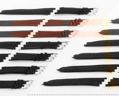 Hamilton Lizard Skin Loose Watch Straps, 7: Collection of Seven Hamilton Lizard Skin Loose Watch Straps, comprising: (5) five black, with gold-tone and silver-tone buckles, marked to the strap and (2) two brown with gold-tone buckles, marked