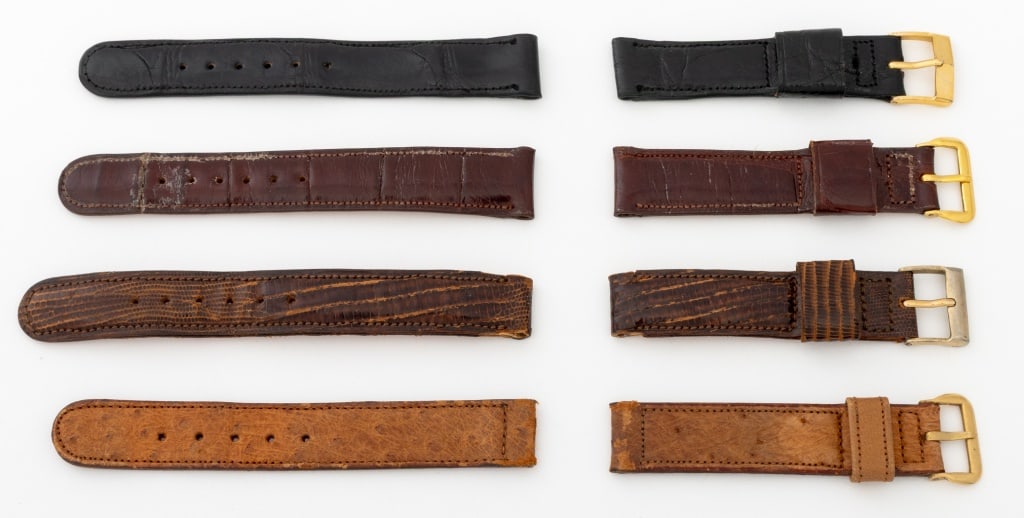 Longines-Wittnauer, Etc. Vintage Watch Straps, 4: Collection of Four Vintage Loose Watch Straps, comprising: William Wise & Son brown lizard skin with silver-tone buckle, marked to the strap, Longines-Wittnauer burgundy with 14K gold-filled buckle, m