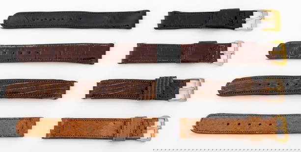 Longines-Wittnauer, Etc. Vintage Watch Straps, 4: Collection of Four Vintage Loose Watch Straps, comprising: William Wise & Son brown lizard skin with silver-tone buckle, marked to the strap, Longines-Wittnauer burgundy with 14K gold-filled buckle, m