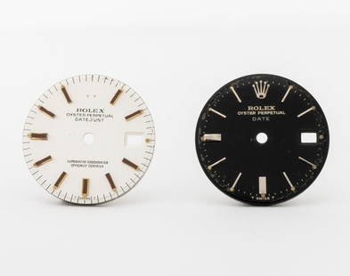 Rolex Oyster Perpetual Watch Dials, 2 Pcs.: Two Rolex Genuine Oyster Perpetual Loose Watch Dials, comprising: black Date with silver-tone baton indices and 3pm date window, marked "Rolex / Oyster Perpetual / Date" and white color Datejust with