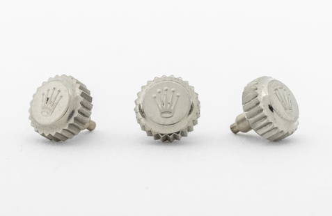 Rolex Vintage Submariner Stainless Steel Crowns, 3: Collection of Three Vintage Rolex Genuine Submariner Stainless Steel Crowns. Each approx. 7mm. Provenance: From a Manhattan Collection. Keywords: Watch parts, Time adjuster, Timepiece, Wristwatch,