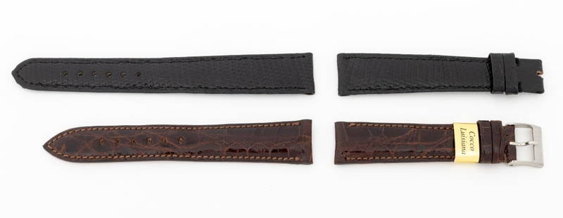 Rolex Watch Straps, 2 Pcs.: Two Rolex Genuine Watch Straps, comprising: brown crocodile with silver-tone Inox buckle, marked "Rolex of Geneva / Genuine Crocodile" and black lizard, marked "Rolex / Genuine Lizard". Largest: 19mm
